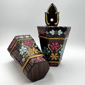Retro Set 2 Atlantic Mold Wall Pockets 1970s Flowers Barrels Pink Blue Brown 10"